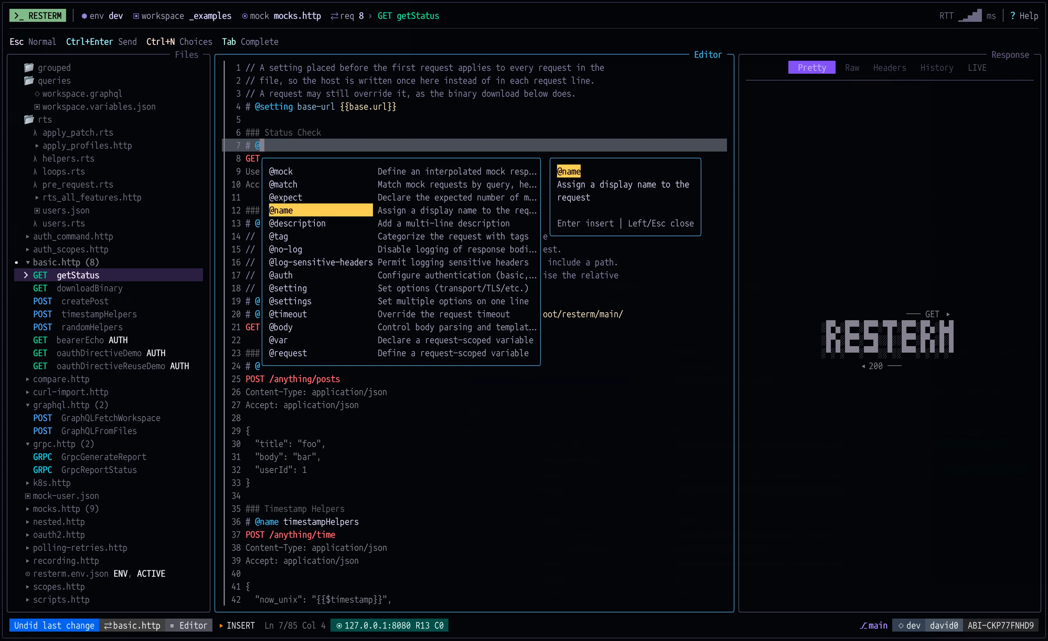 Resterm editor with directive completions open