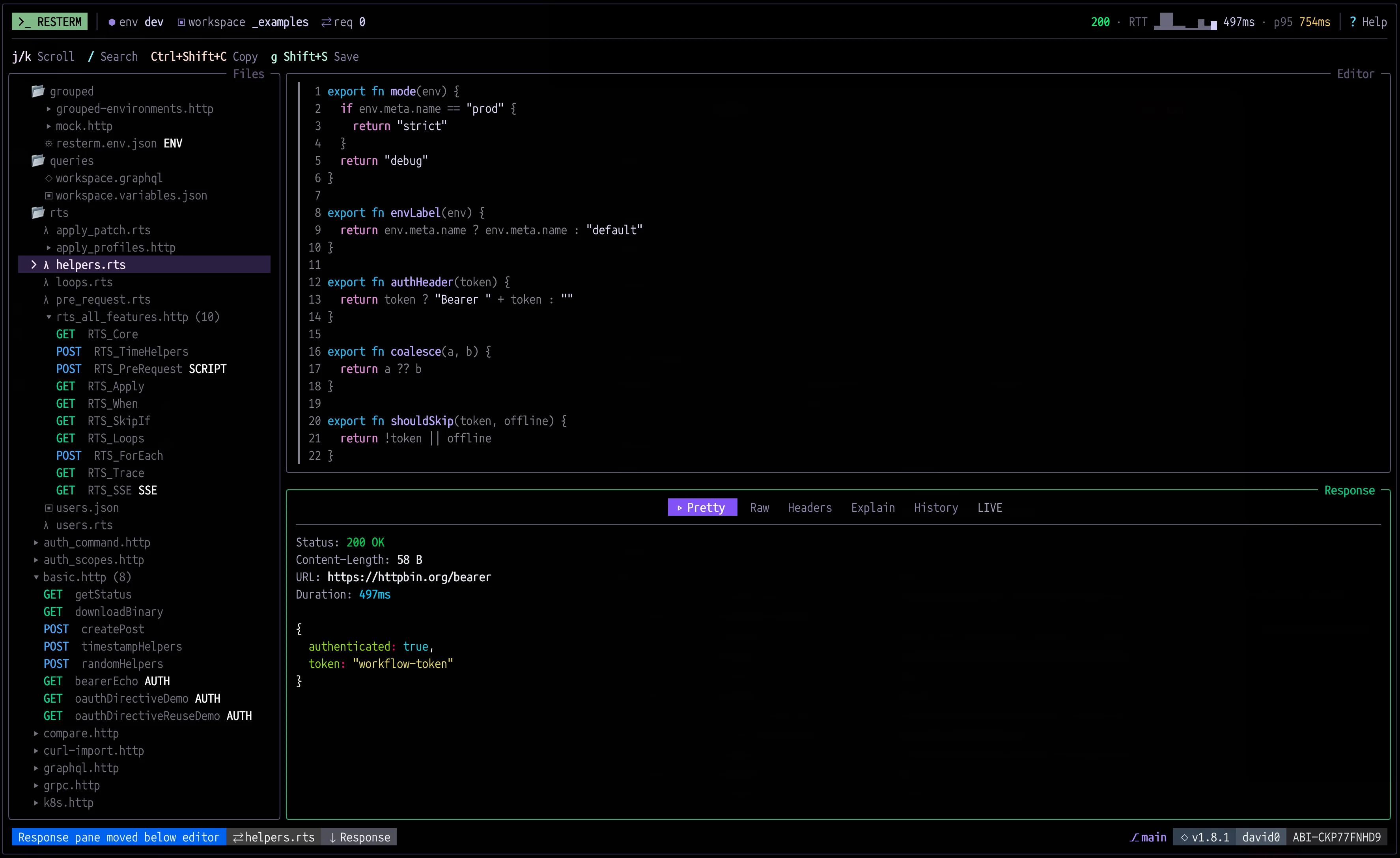 A RestermScript module open in the editor